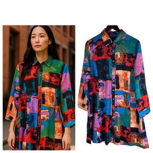 Caleaas Dress Long Tunic Sz Large 12 14 Art to Wear Vibrant Patchwork Flowy Boho